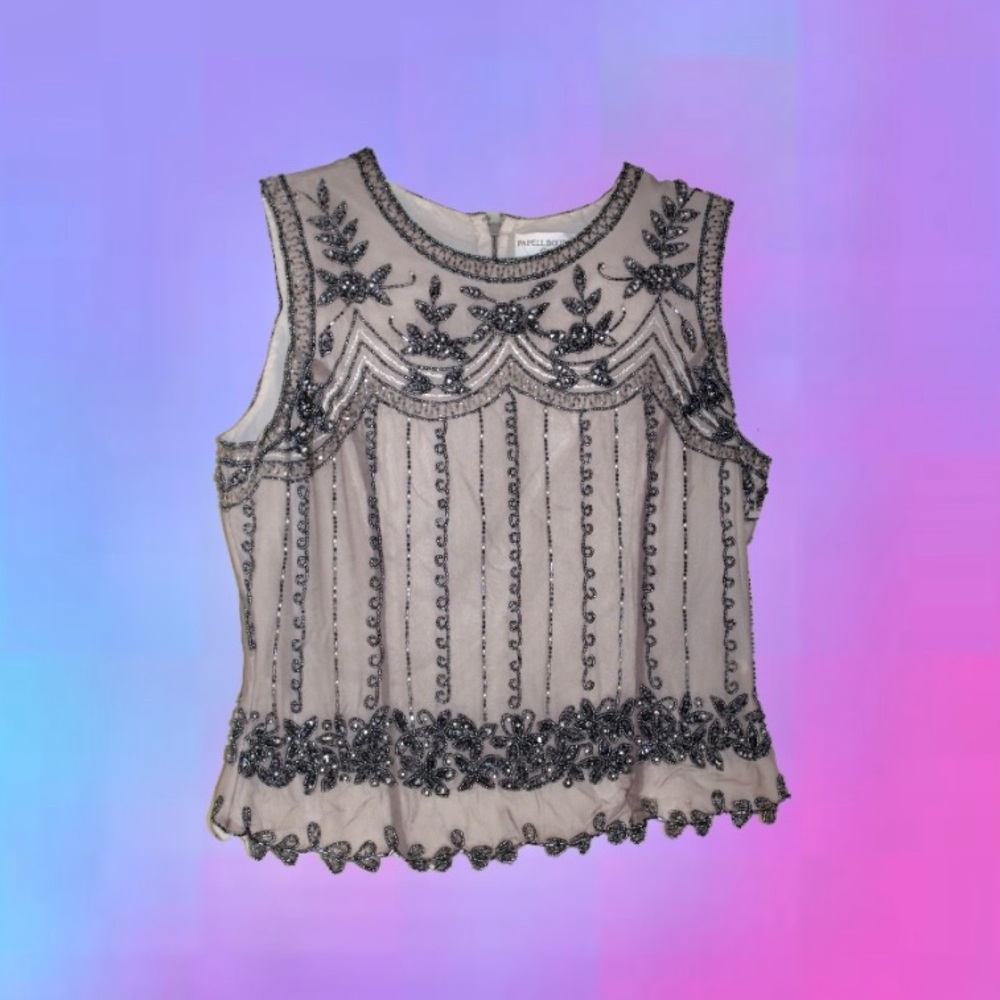 Papell Boutique Silk Vintage Beaded Shift Top